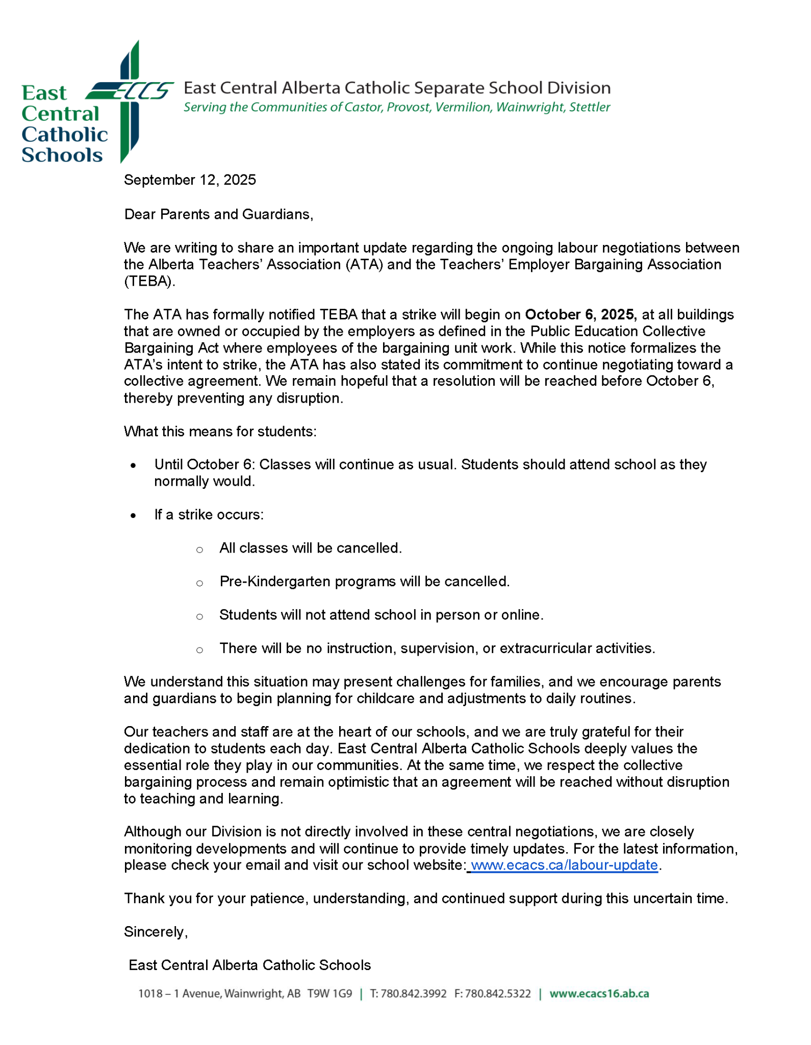Parent and Guardian Update Strike Notice from ATA